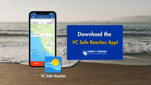 Promotional graphic for the VC Safe Beaches app, showing a phone screen with a beach water-quality map, over a beach photo background.