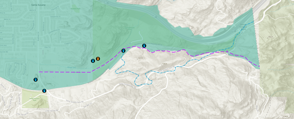 A topographic map of Ventura County showing the historical Stagecoach Road (purple dashed line) and the later Freight Road (Landmark No. 105, blue dashed line), with labeled landmarks and elevation markers.