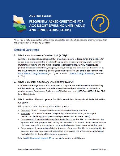A document with FAQs about Accessory Dwelling Units (ADUs) and Junior Accessory Dwelling Units (JADUs), covering general questions and construction options.