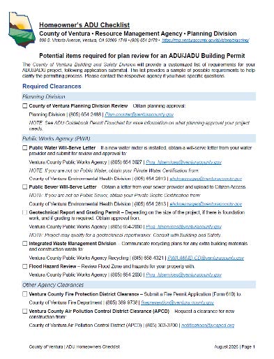 Ventura County homeowner's ADU building permit checklist detailing required agency clearances and contact information for plan review.