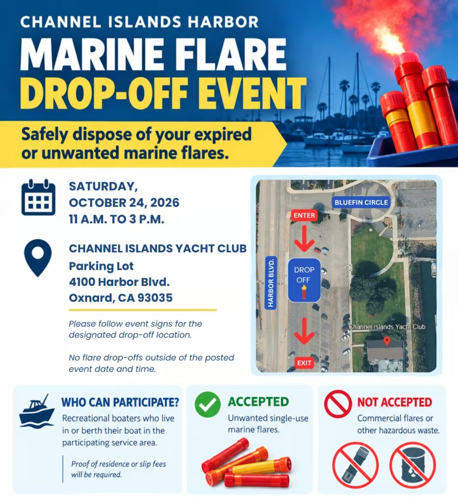 Informational flyer for Channel Islands Harbor Marine Flare Drop-Off Event on October 24, 2026, with event details, map showing entry/exit/drop-off points, and guidelines for accepted single-use marine flares and prohibited items.