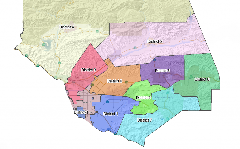 A map showing nine color-coded districts within Ventura County (1-9) with labeled city names like San Buenaventura, Oxnard, Camarillo, Thousand Oaks and Moorpark.