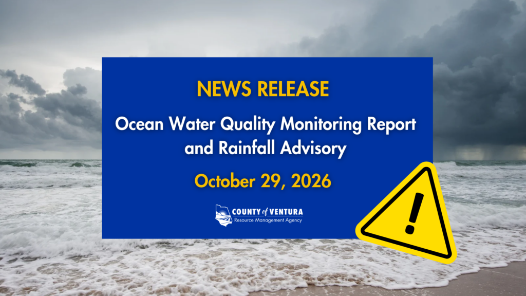 County of Ventura Resource Management Agency news release for Ocean Water Quality Monitoring Report: Rainfall Advisory dated October 29, 2026, featuring a yellow warning triangle and umbrella in rainy weather.