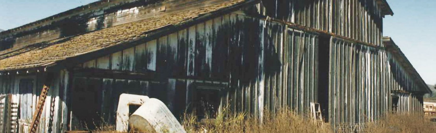 A weathered barn with rusted metal siding, overgrown dry grass, and scattered farm equipment including barrels and a blue container, part of the Dos Vientos Ranch circa 1980s.