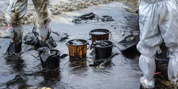 Workers in protective gear cleaning up an oil spill with buckets.