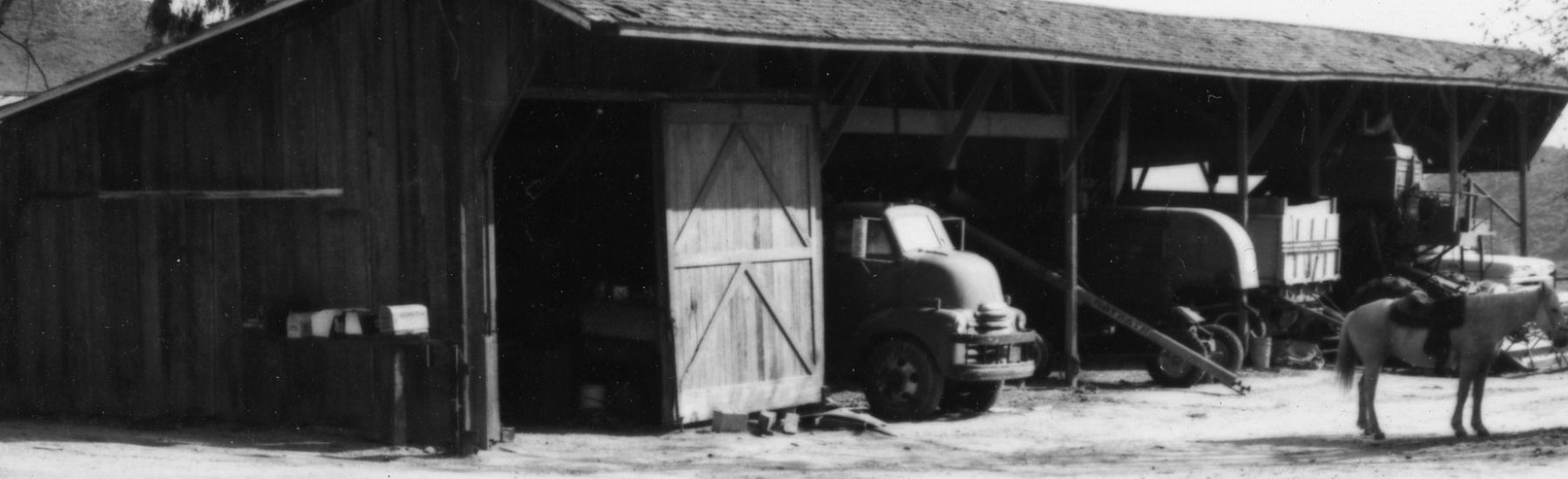 Black-and-white photograph of Patterson Ranch Buildings from the 1980s, showing a large wooden barn with an open side, a vintage truck, a horse, and other vehicles under a covered structure on a dirt ground.